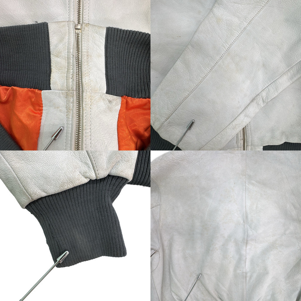80年代 Flieger Lederjacke レザージャケット ユーロ ミリタリー ホワイト メンズ 56 中古 古着 Y9199