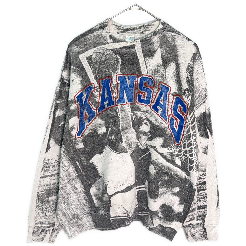 80年代 USA製 オールオーバープリント スウェット KANSAS カンザス バスケ カレッジ ホワイト メンズ M相当 中古 古着 Y8405