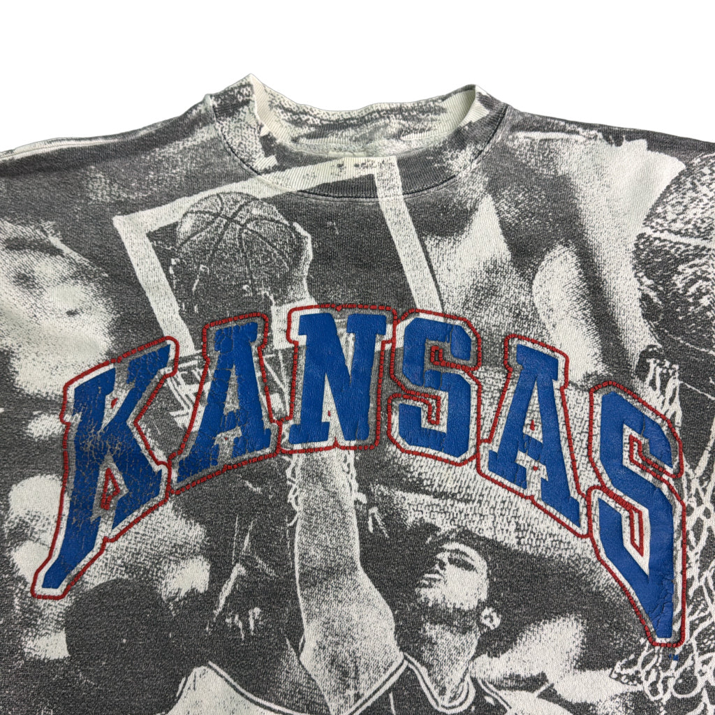 80年代 USA製 オールオーバープリント スウェット KANSAS カンザス バスケ カレッジ ホワイト メンズ M相当 中古 古着 Y8405