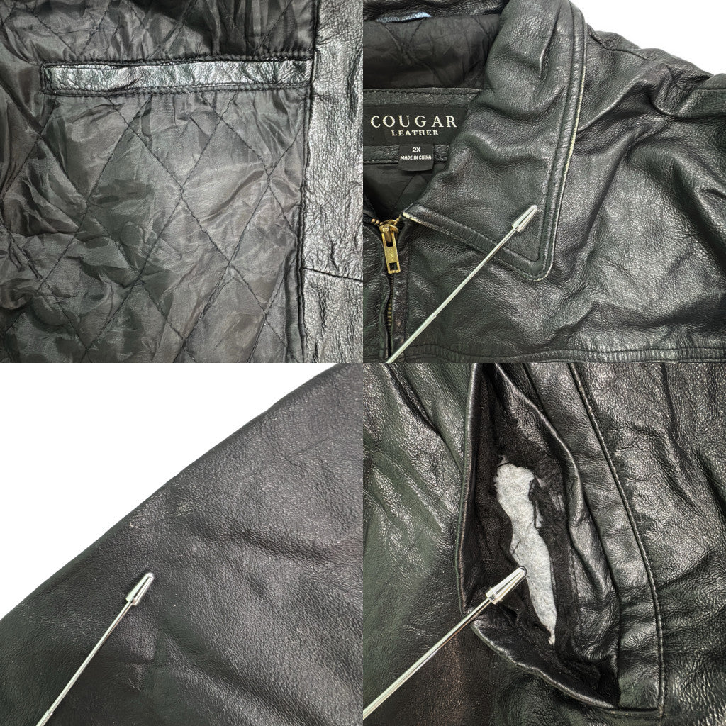 COUGAR LEATHER レザージャケット 大きいサイズ ブラック メンズ 2X 中古 古着 Y9195