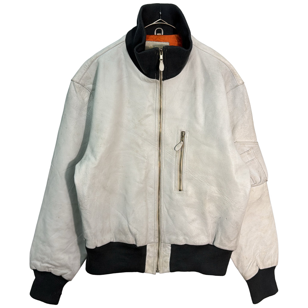 80年代 Flieger Lederjacke レザージャケット ユーロ ミリタリー ホワイト メンズ 56 中古 古着 Y9199
