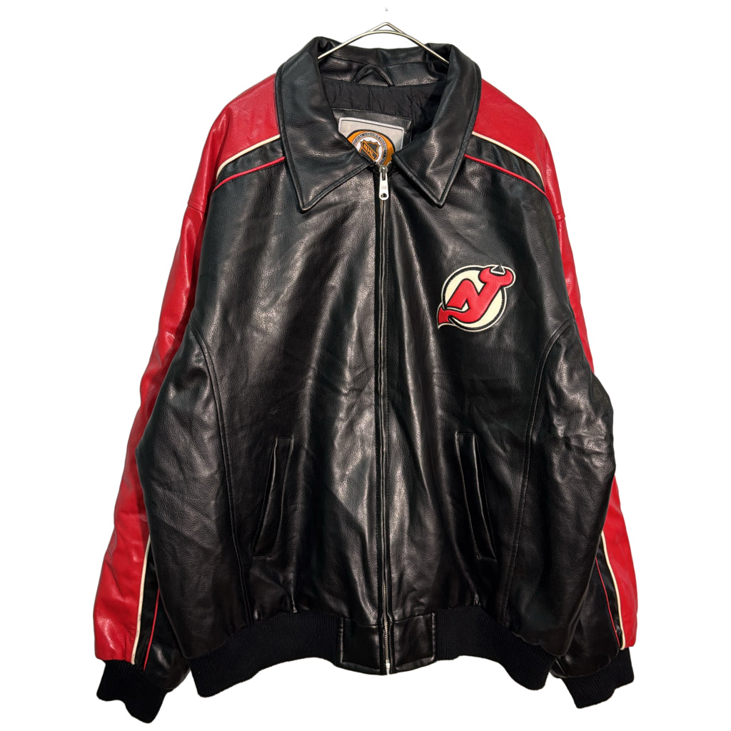 フェイクレザー スタジアムジャケット NHL ニュージャージー・デビルス プロチーム ホッケー ブラック メンズ XL 中古 古着 Y9209