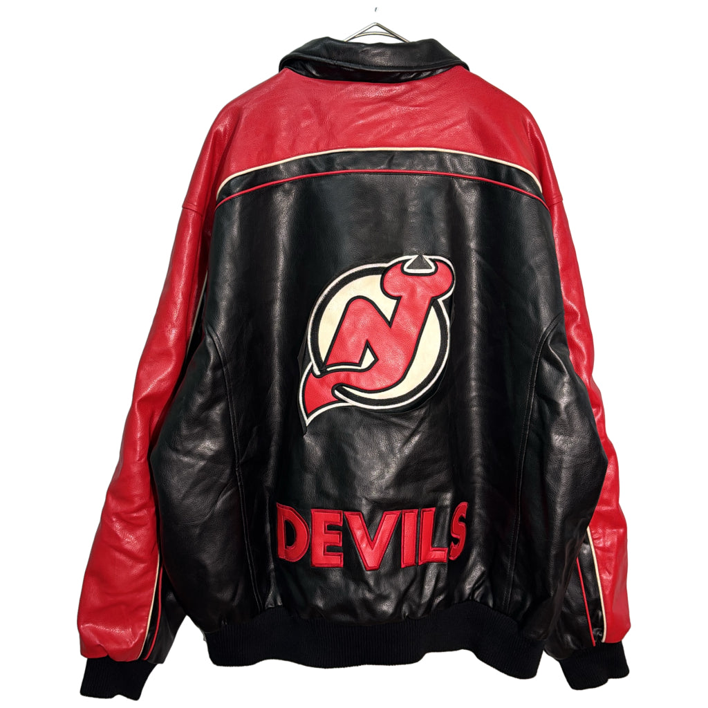 フェイクレザー スタジアムジャケット NHL ニュージャージー・デビルス プロチーム ホッケー ブラック メンズ XL 中古 古着 Y9209