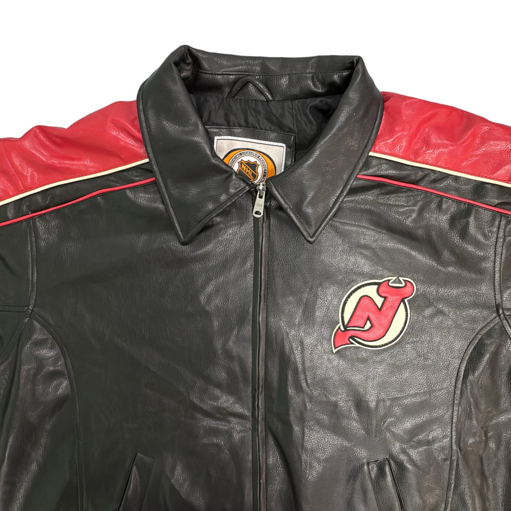 フェイクレザー スタジアムジャケット NHL ニュージャージー・デビルス プロチーム ホッケー ブラック メンズ XL 中古 古着 Y9209