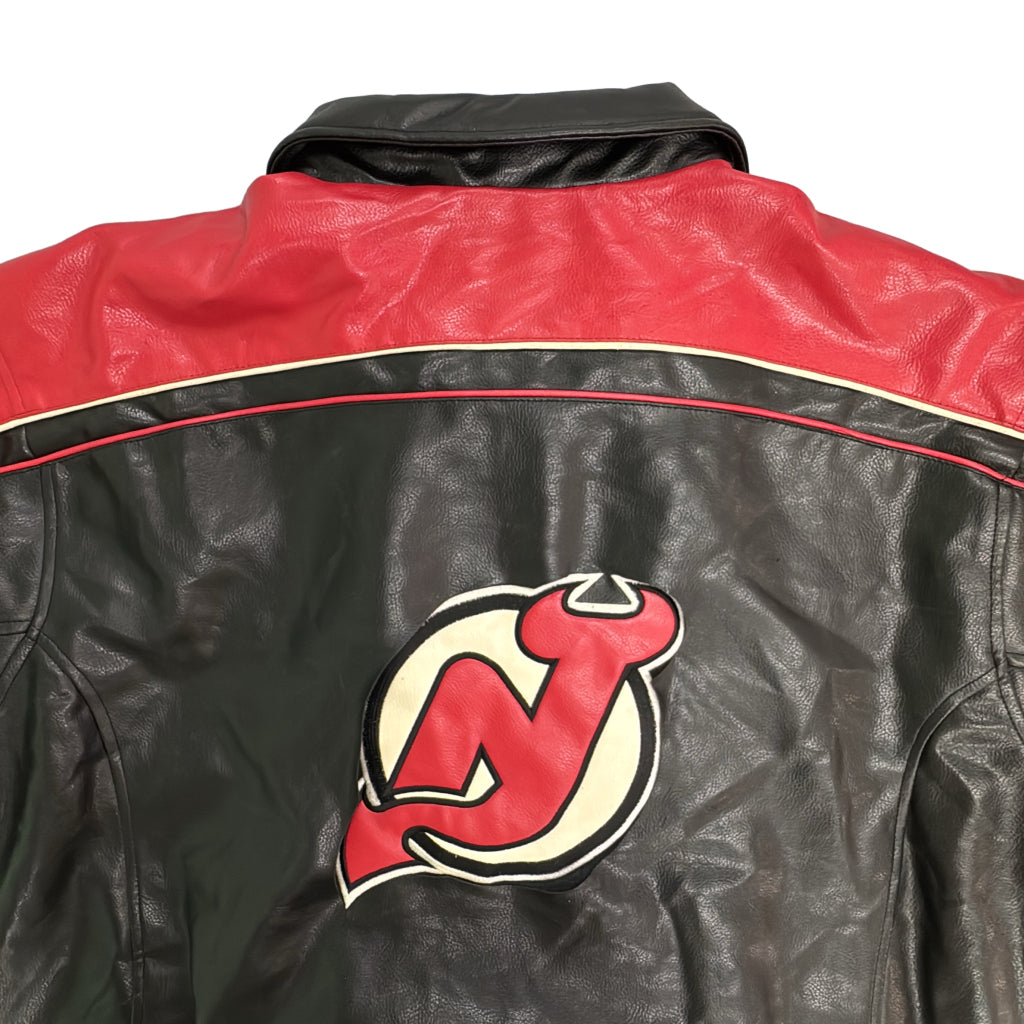 フェイクレザー スタジアムジャケット NHL ニュージャージー・デビルス プロチーム ホッケー ブラック メンズ XL 中古 古着 Y9209