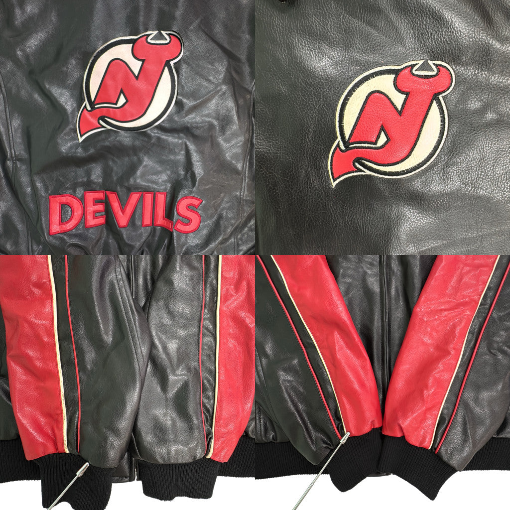 フェイクレザー スタジアムジャケット NHL ニュージャージー・デビルス プロチーム ホッケー ブラック メンズ XL 中古 古着 Y9209